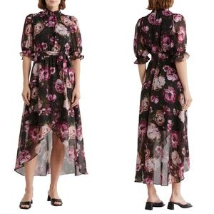 NEW Eliza J BLACK Floral CHIFFON Smocked MOCK NECK High-Low MIDI DRESS 4
